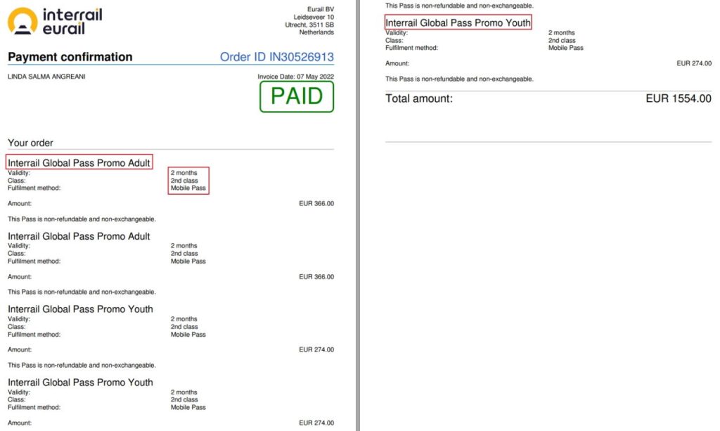 Eurail/Interrail Payment Confirmation